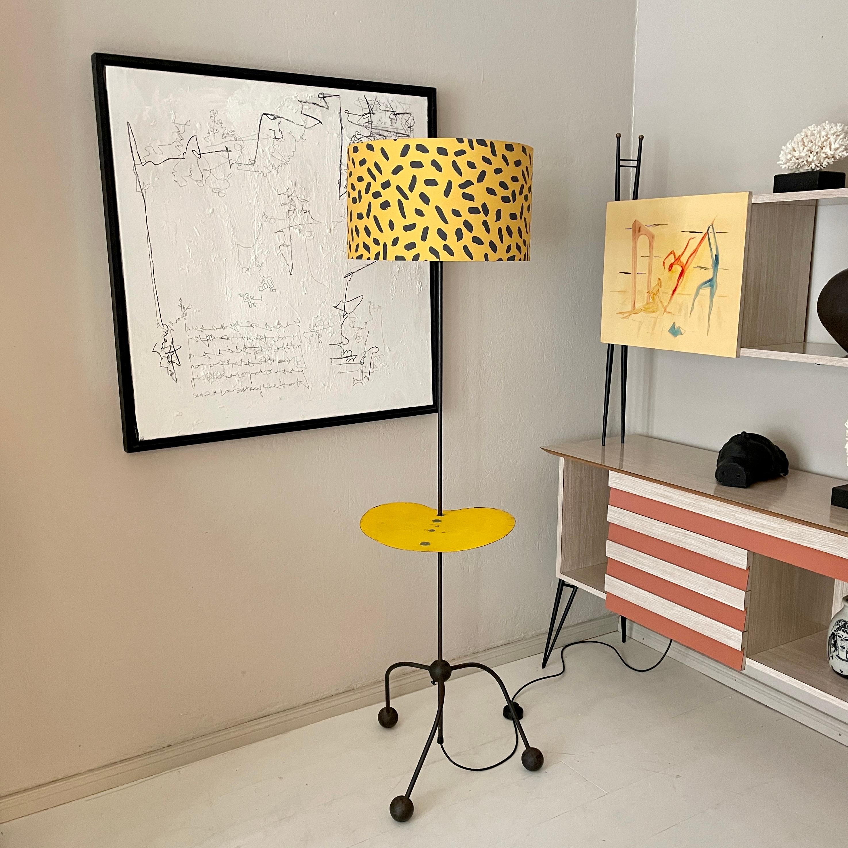Lacquered Mid-Century French Floor Lamp Made of Black Metal with Yellow Fabric Shade, 1950 For Sale