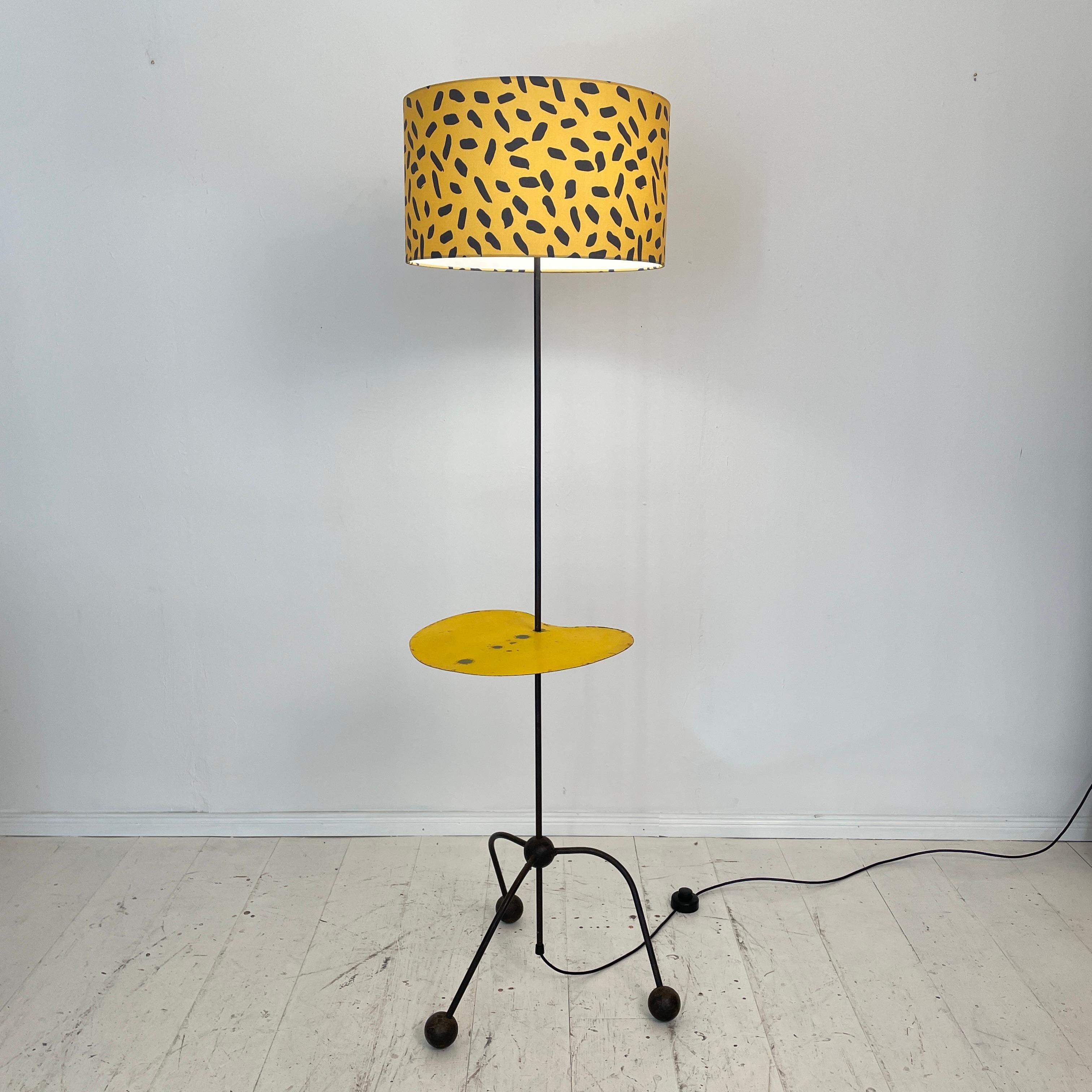 Mid-20th Century Mid-Century French Floor Lamp Made of Black Metal with Yellow Fabric Shade, 1950 For Sale