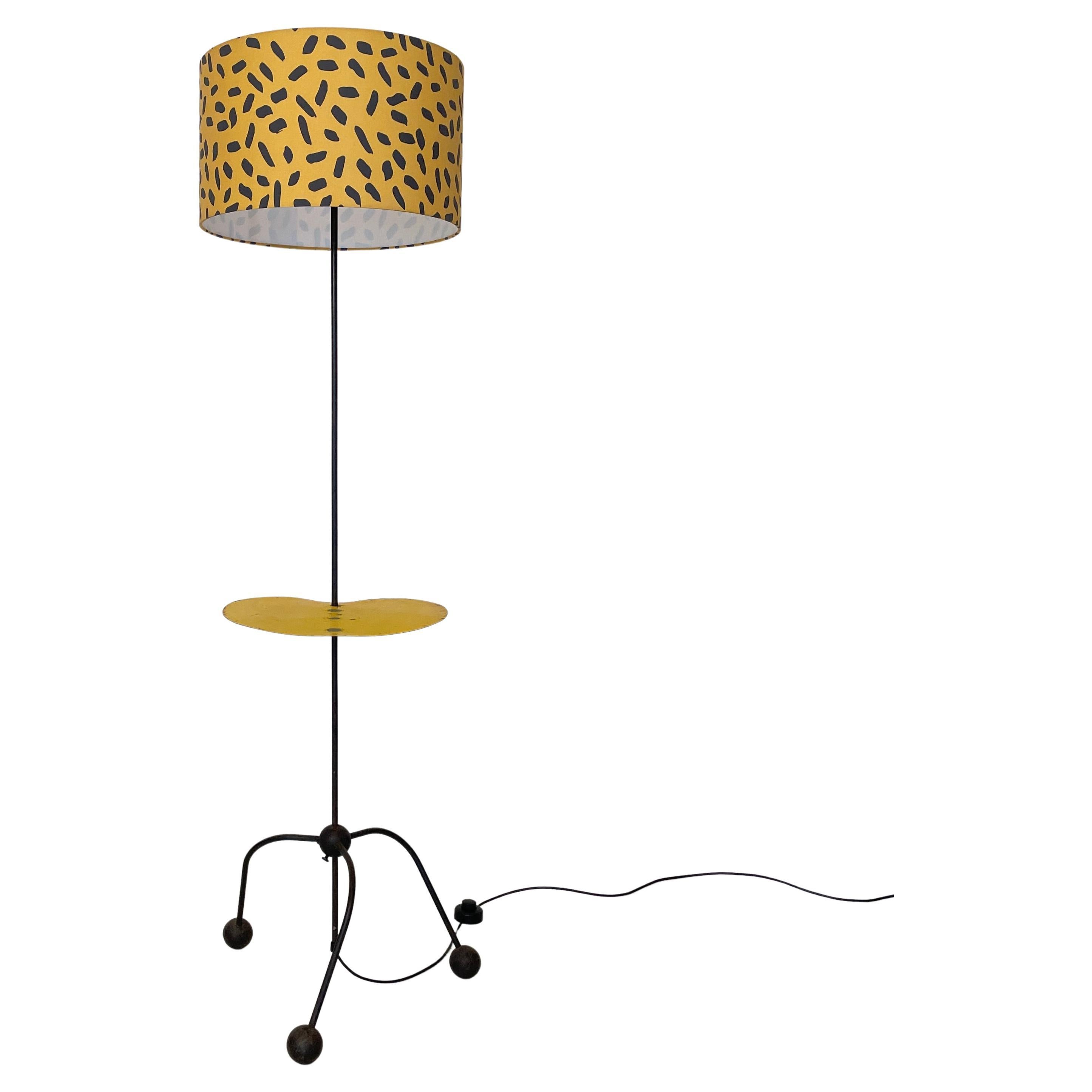 Mid-Century French Floor Lamp Made of Black Metal with Yellow Fabric Shade, 1950
