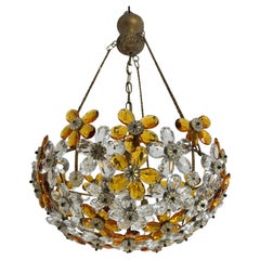 Mid-Century French Floral Chandelier In Brass And Faceted Crystal, 1960s