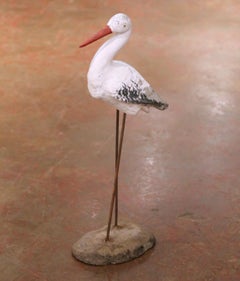 Mid-Century French Folk Art Concrete Crane Bird Garden Statue on Iron Stand