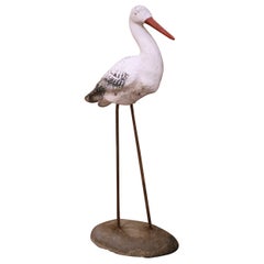 Mid-Century French Folk Art Concrete Crane Bird Garden Statue on Iron Stand