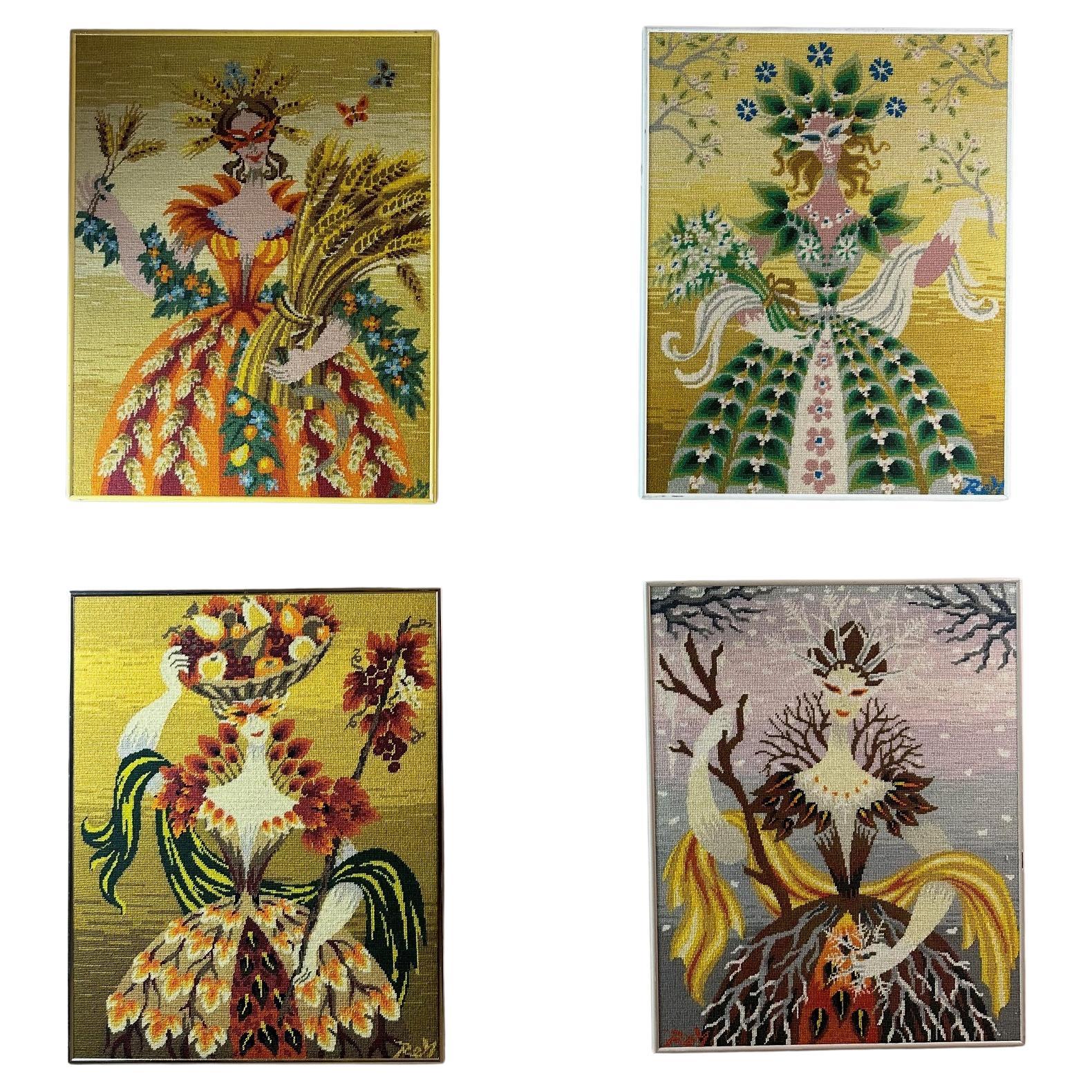 Mid-century French Four Seasons Tapestry Frame by Pierre Rey, 1960s For Sale