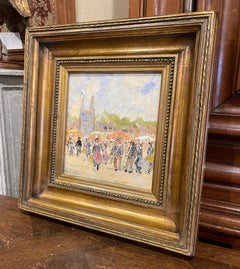 Pintura francesa de mediados de siglo enmarcada "Marche Breton a Quimper" firmada Fanch Lel