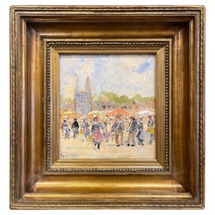 Pintura francesa de mediados de siglo enmarcada "Marche Breton a Quimper" firmada Fanch Lel