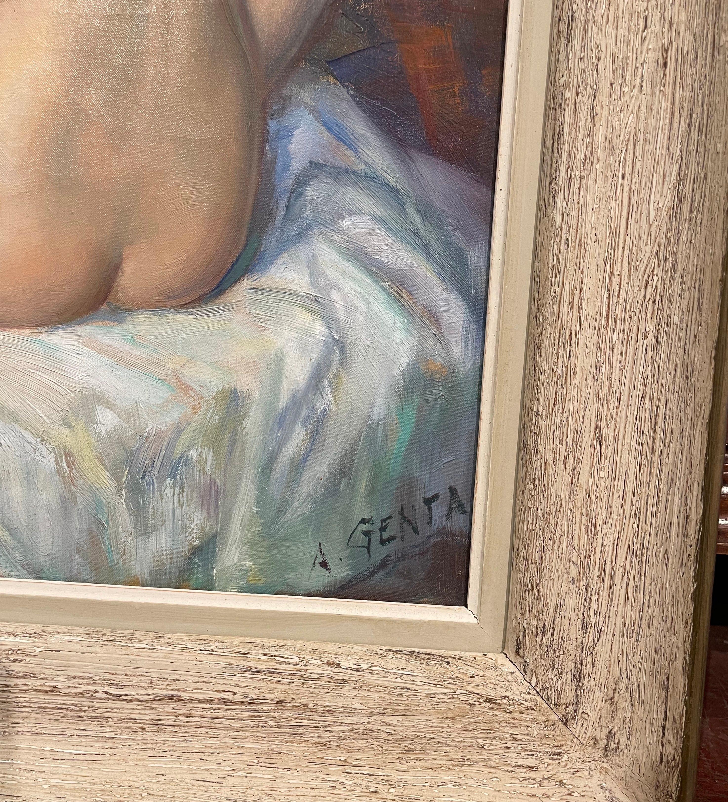 Hand-Painted Mid-Century French Framed Oil on Canvas Nude Painting Signed Albert Genta For Sale