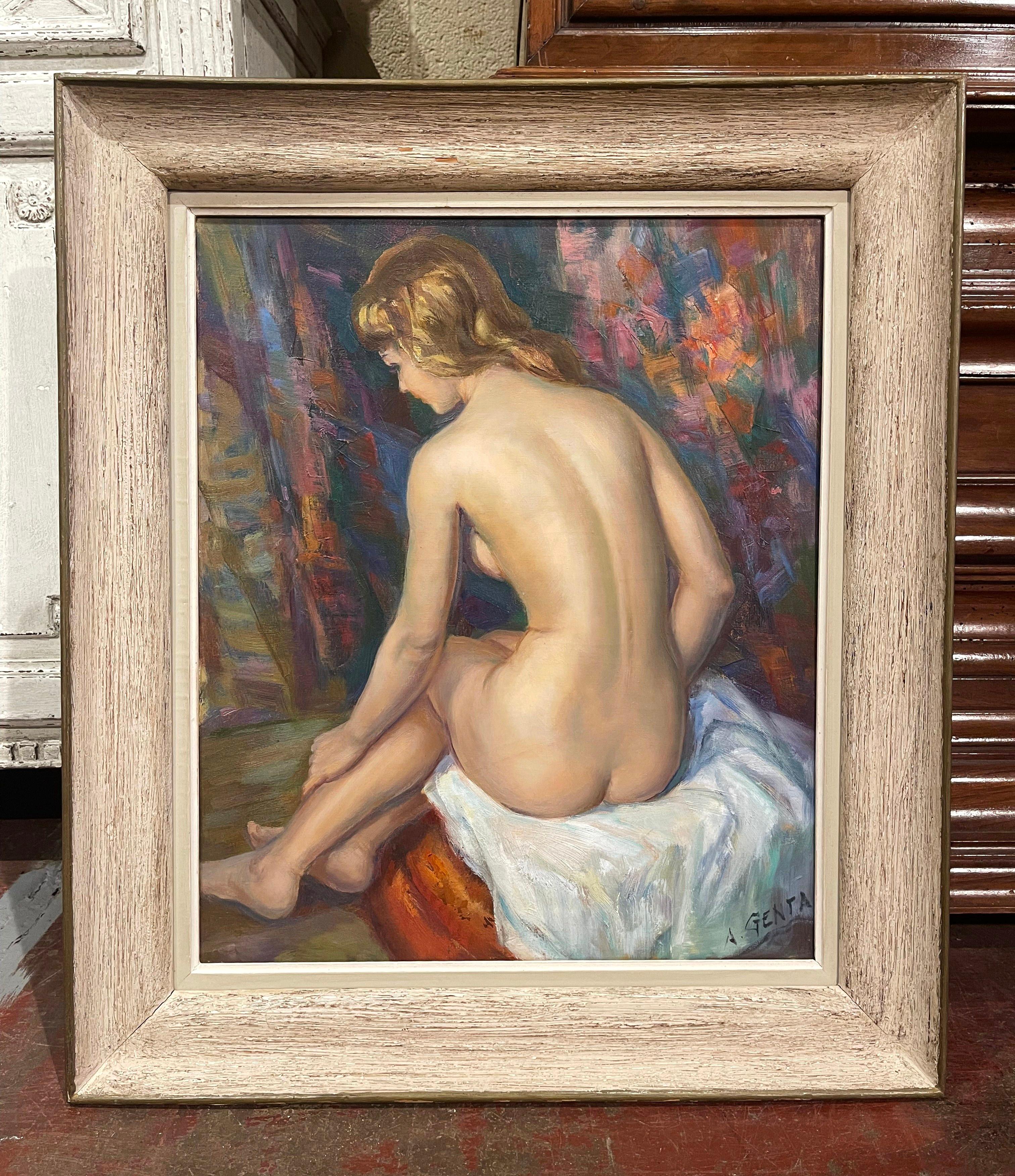 Mid-Century French Framed Oil on Canvas Nude Painting Signed Albert Genta In Excellent Condition For Sale In Dallas, TX