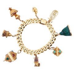 Midcentury French Gemstone 18k Yellow Gold Charm Bracelet