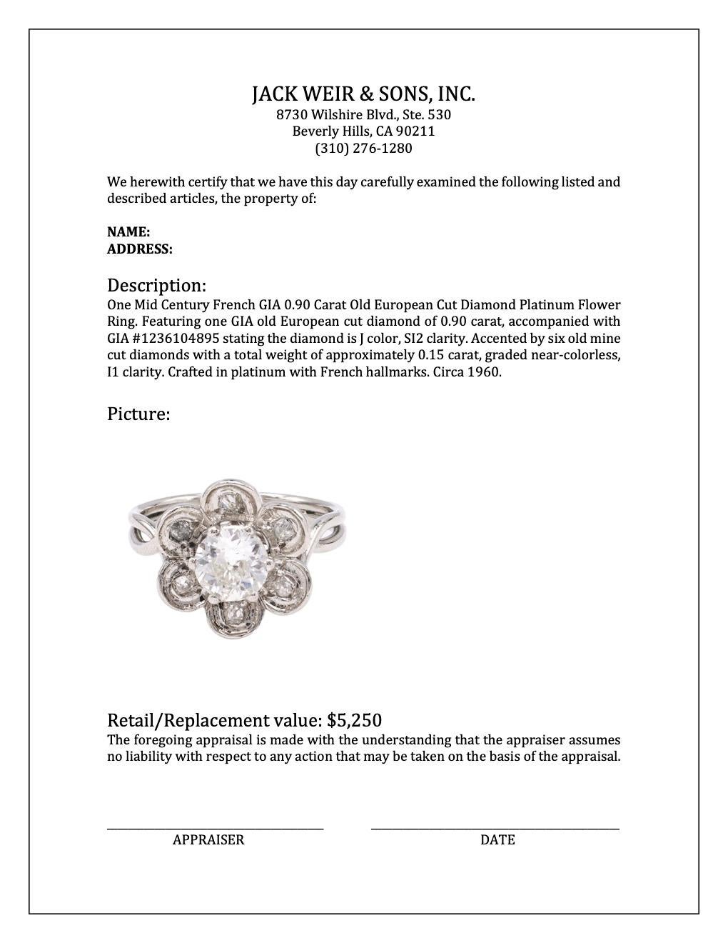 Französischer Platin-Blumenring, GIA 0,90 Karat Diamant im alteuropäischen Schliff, Mitte des Jahrhunderts im Angebot 3