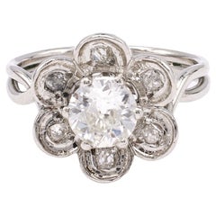 Vintage Mid Century French GIA 0.90 Carat Old European Cut Diamond Platinum Flower Ring