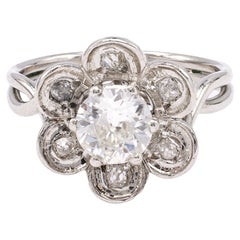 Mid Century French GIA 0.90 Carat Old European Cut Diamond Platinum Flower Ring