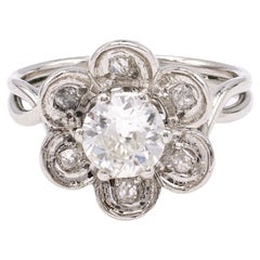 Retro Mid Century French GIA 0.90 Carat Old European Cut Diamond Platinum Flower Ring