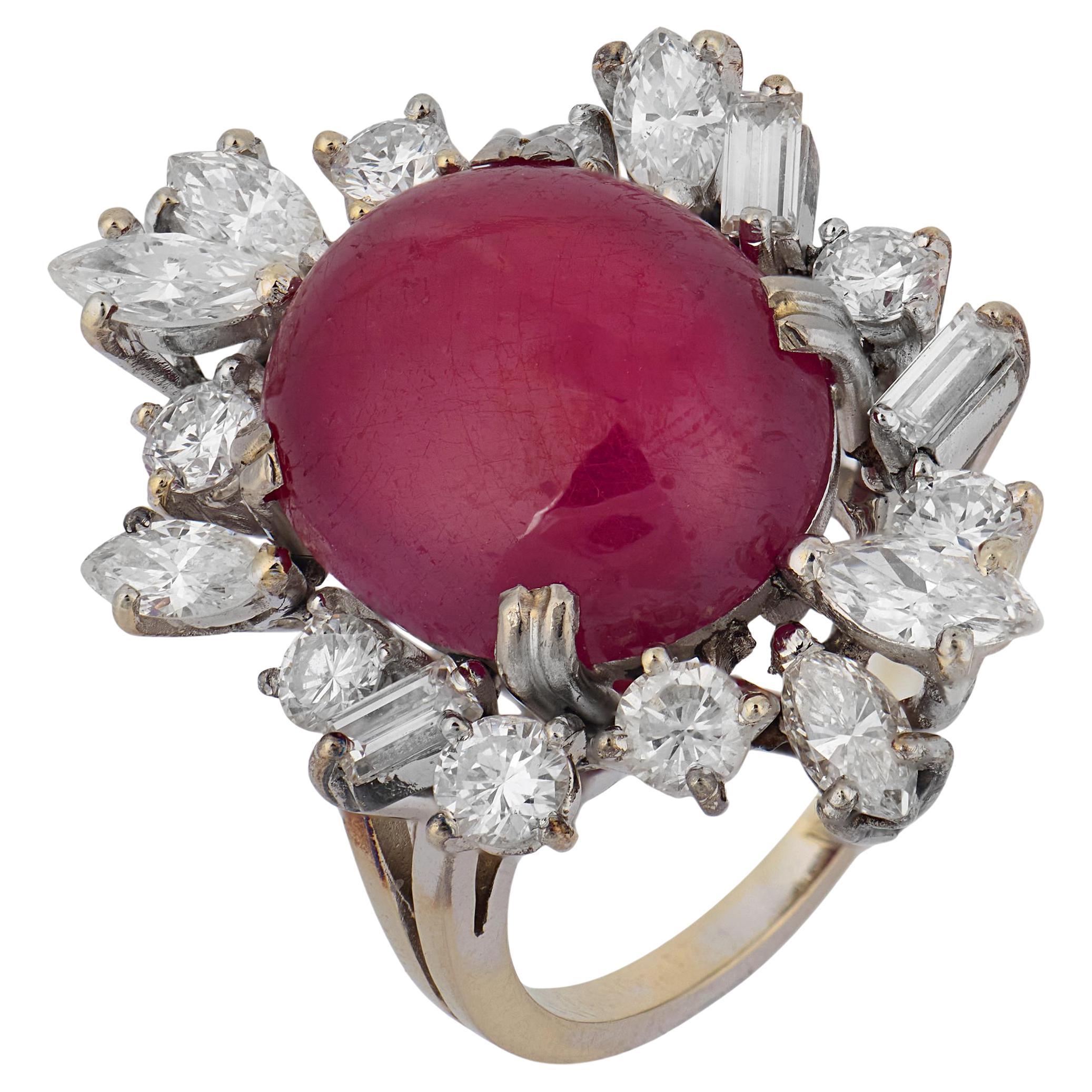Mid Century French Gia 11 Carat No Heat Cabochon Ruby Diamond Platinum Ring