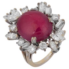 Mid Century Französisch GIA 11 Karat keine Hitze Cabochon Rubin Diamant Platin Ring