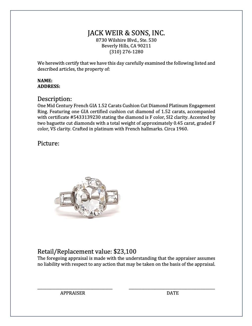Mid-Century French GIA 1.52 Carats Cushion Cut Diamond Platinum Engagement Ring 1