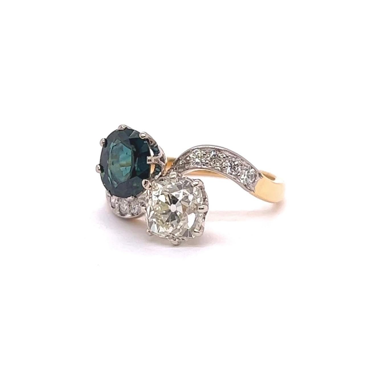 Mid Century French GIA 1.53 Carats Diamond Green Sapphire 18K Toi et Moi Ring 1