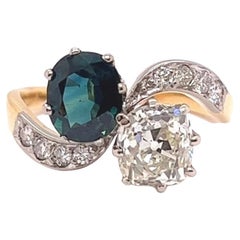 Mid Century French GIA 1.53 Carats Diamond Green Sapphire 18K Toi et Moi Ring