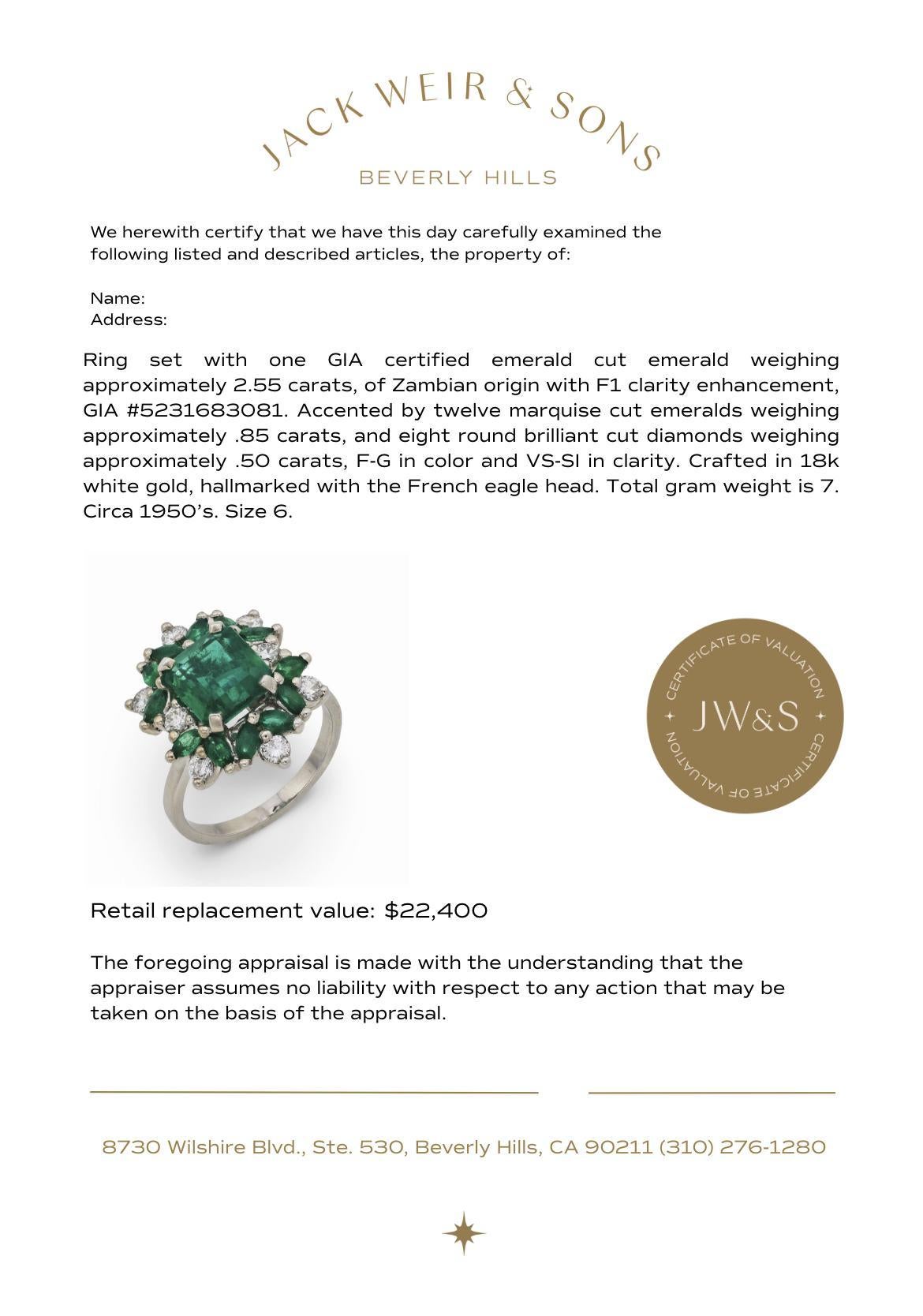 Französischer GIA-Cocktailring der Jahrhundertmitte mit 2,55 Karat Smaragd und Diamant aus 18 Karat Weißgold im Angebot 2