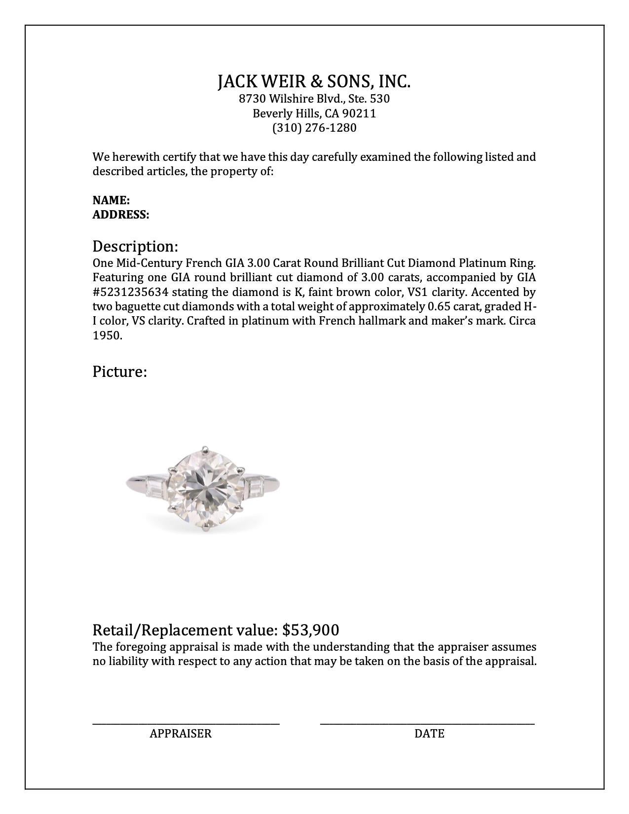 Mid-Century French GIA 3.00 Carat Round Brilliant Cut Diamond Platinum Ring For Sale 2