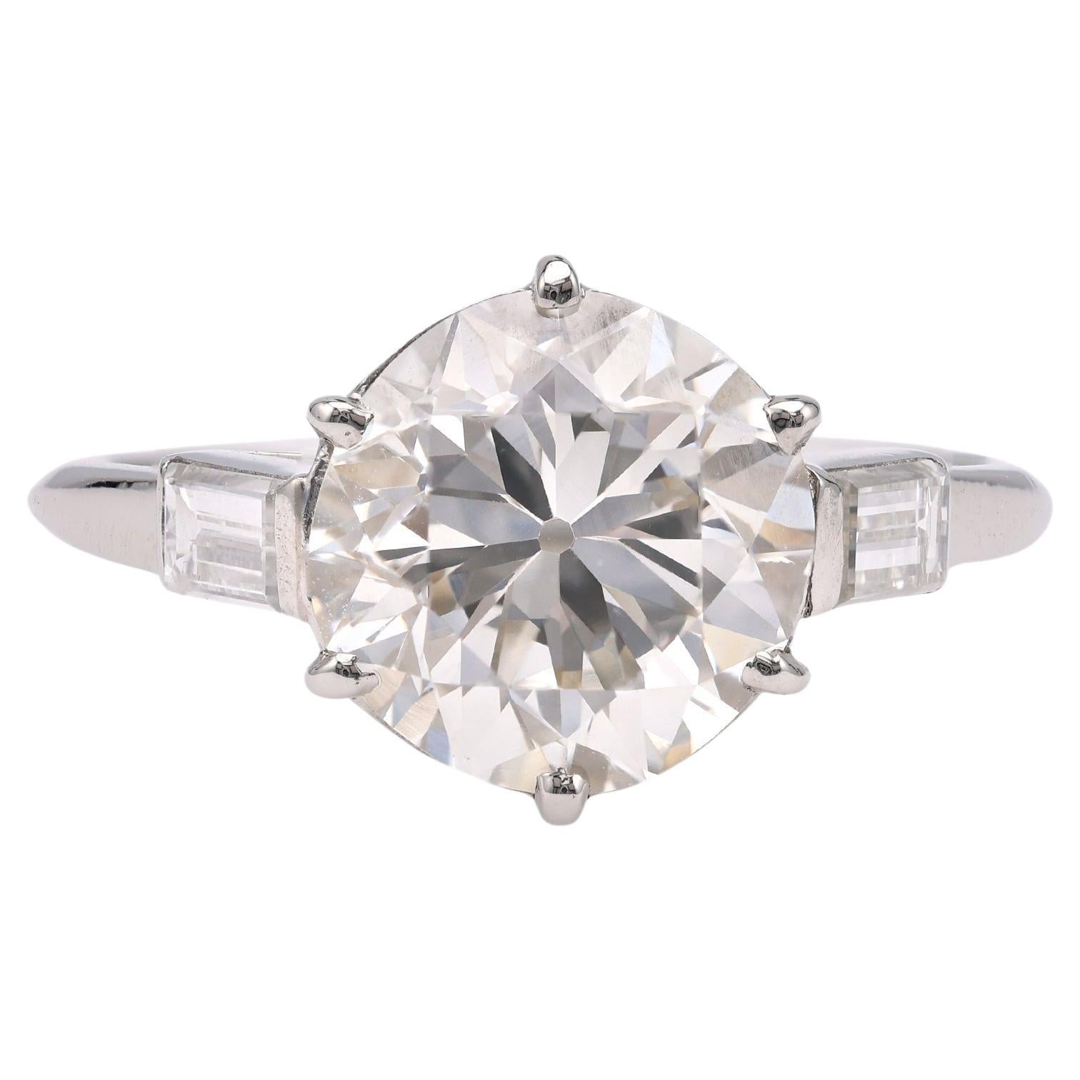 Bague française du milieu du siècle GIA 3.00 carats diamant rond taille brillant en platine en vente