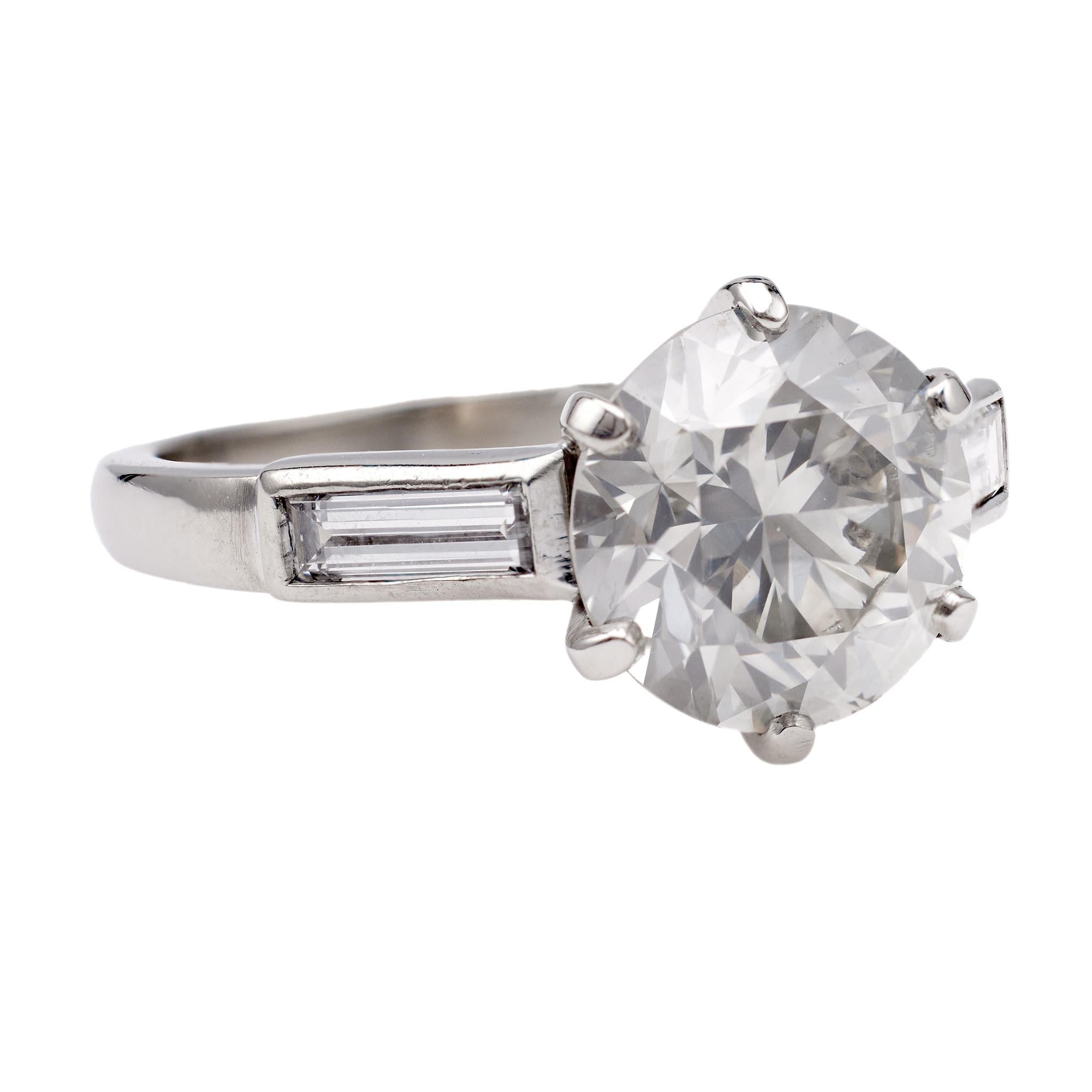 Women's or Men's Mid-Century French GIA 3.08 Carat Round Brilliant Diamond Platinum Ring For Sale