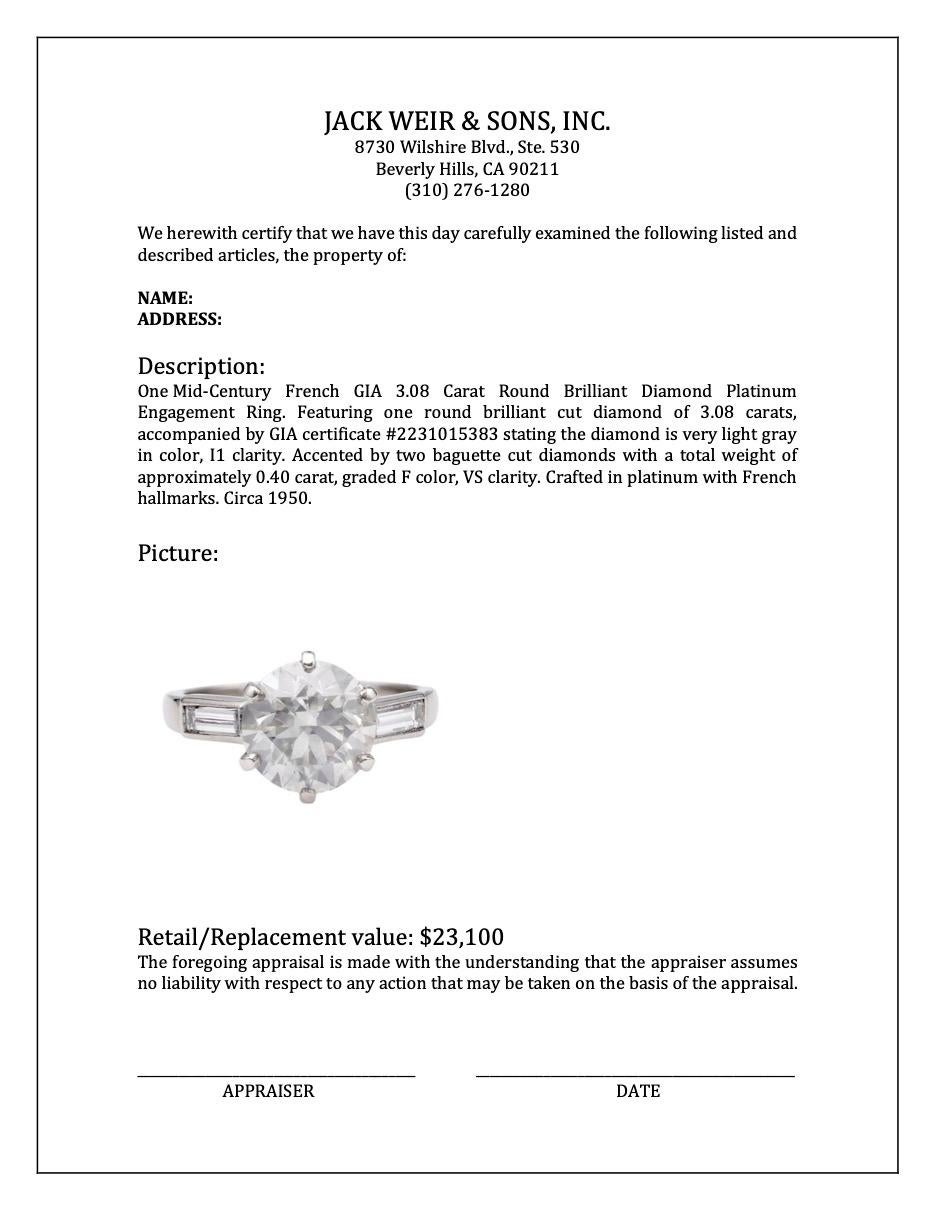 Mid-Century French GIA 3.08 Carat Round Brilliant Diamond Platinum Ring For Sale 3