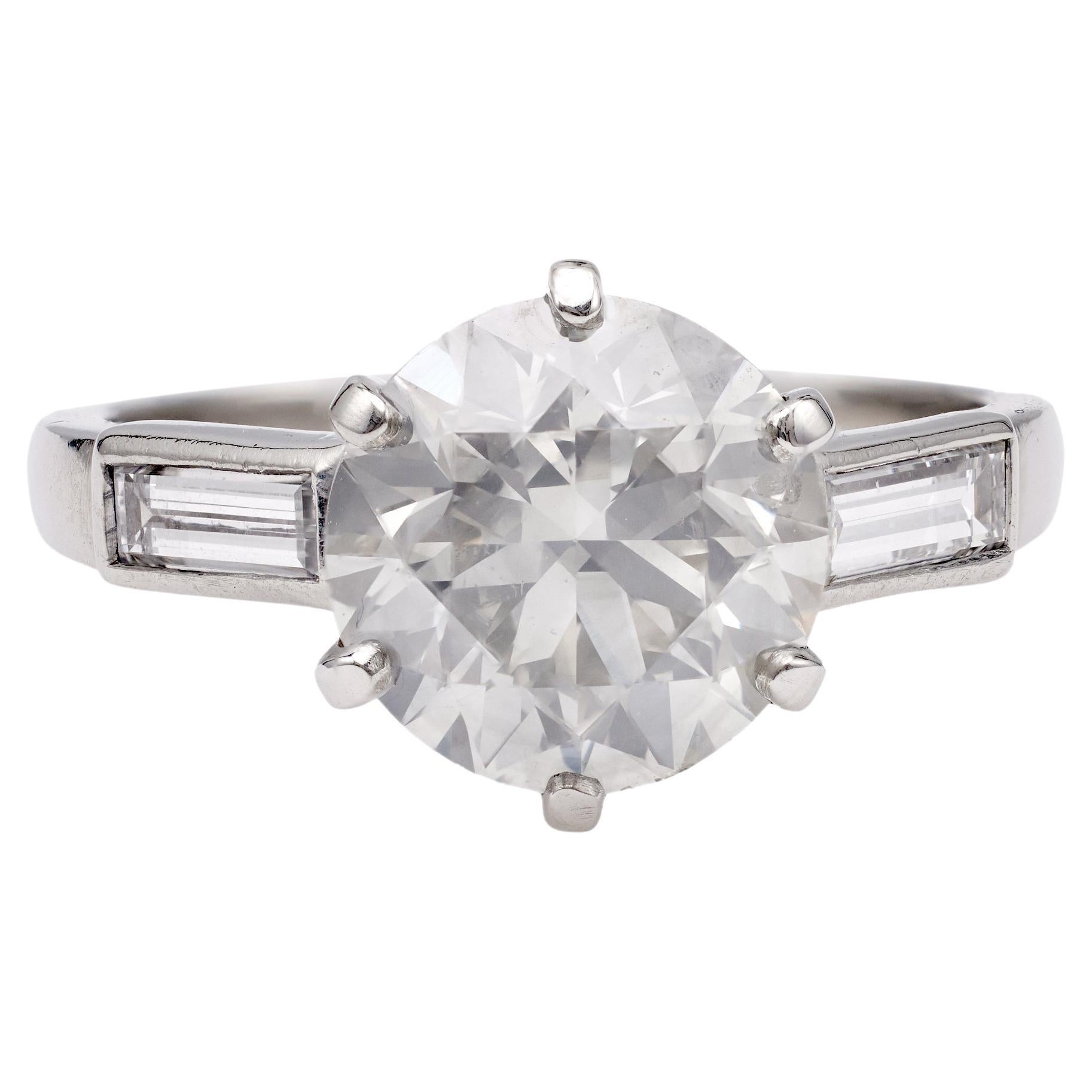 Mid-Century French GIA 3.08 Carat Round Brilliant Diamond Platinum Ring For Sale