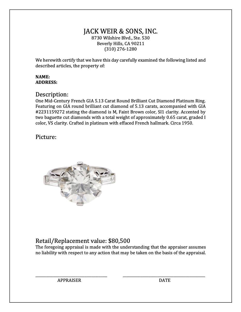 Mid-Century French GIA 5.13 Carat Round Brilliant Cut Diamond Platinum Ring 4