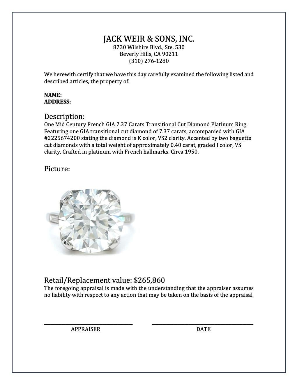 Mid-Century French GIA 7.37 Carats Round Brilliant Cut Diamond Platinum Ring 3