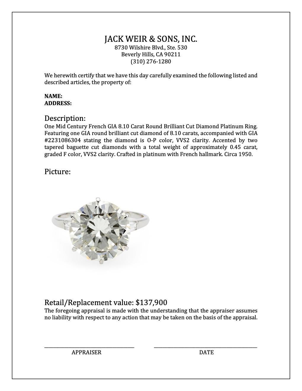 Mid Century French GIA 8.10 Carat Round Brilliant Cut Diamond Platinum Ring 4