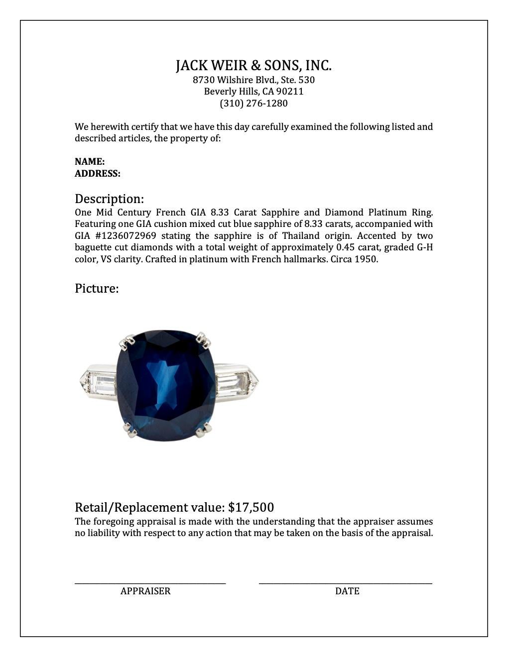 Mid Century French GIA 8.33 Carat Sapphire and Diamond Platinum Ring 3