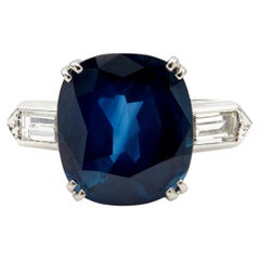 Vintage Mid Century French GIA 8.33 Carat Sapphire and Diamond Platinum Ring
