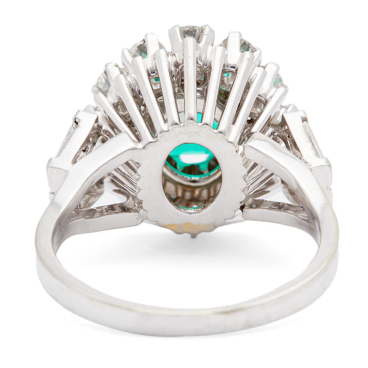 Octagon Cut Mid Century French GIA Colombian Emerald and Diamond 18k White Gold Cluster Ring