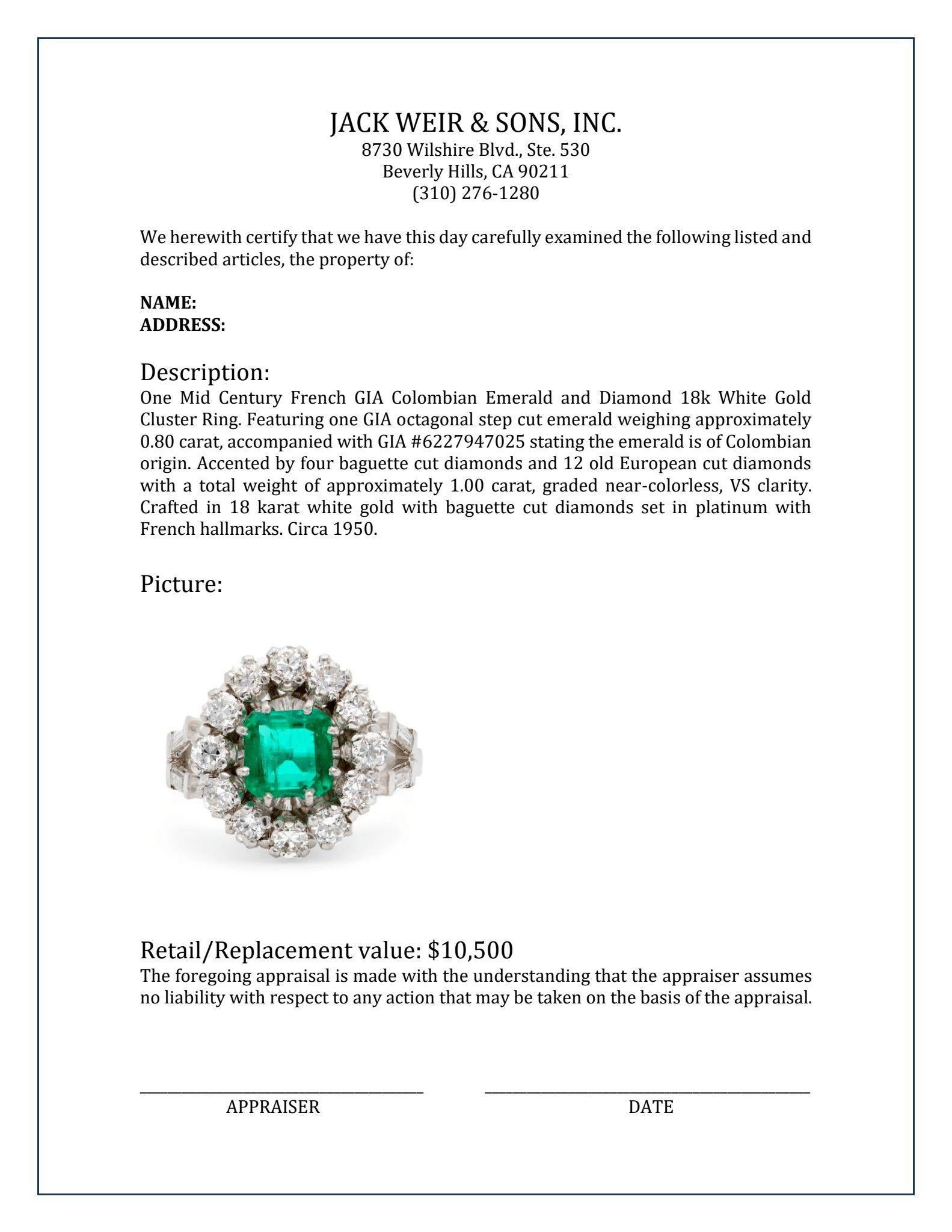 Mid Century French GIA Colombian Emerald and Diamond 18k White Gold Cluster Ring In Excellent Condition In Beverly Hills, CA