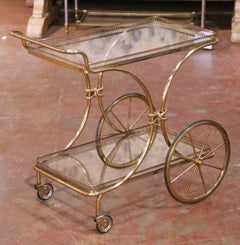 Mid-Century French Gilt Brass Bar Cart with Glass Shelves and Wheels