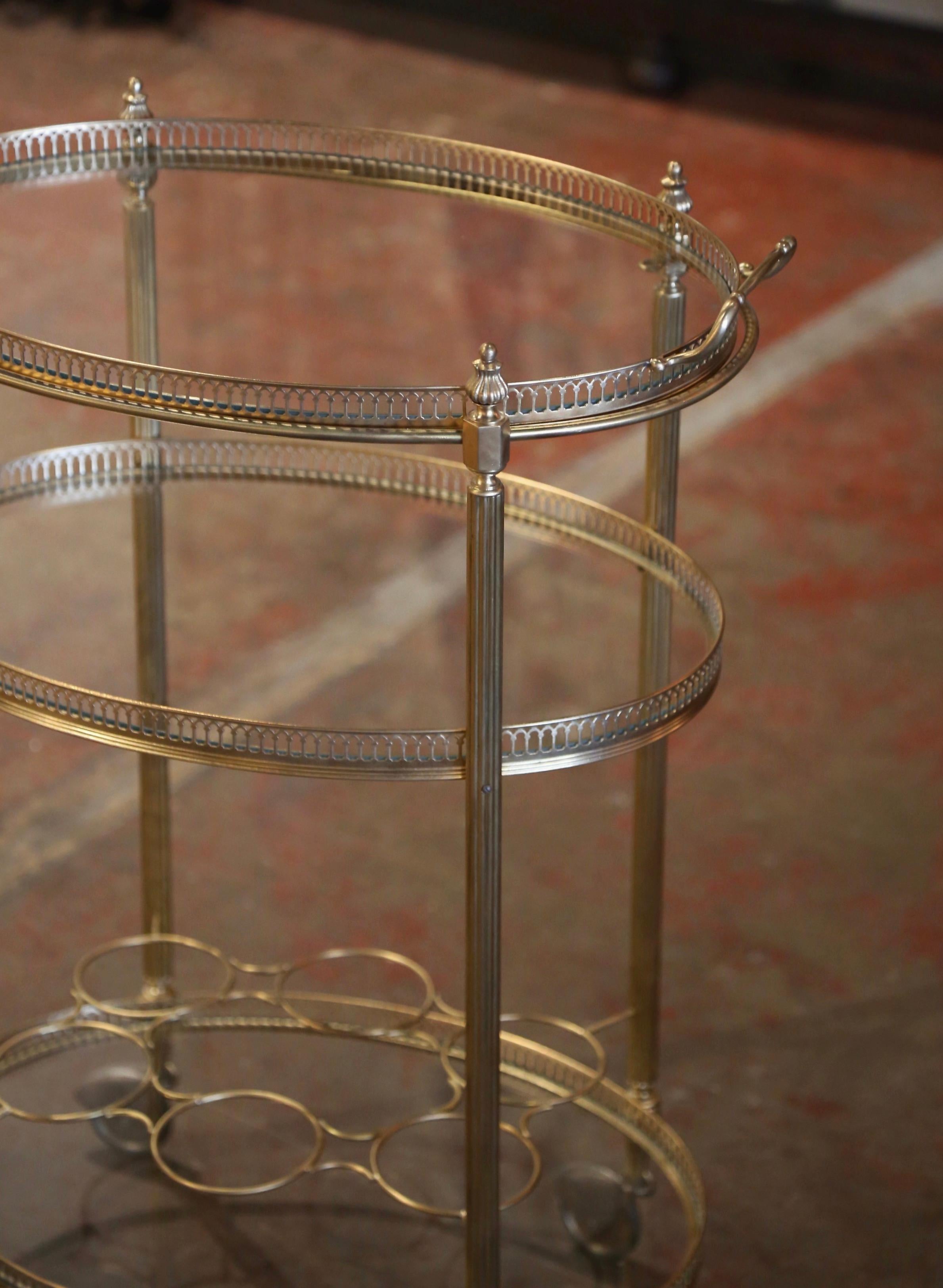 Art Deco Mid-Century French Gilt Brass Oval Three-Tiered Trolley Bar Cart on Wheels