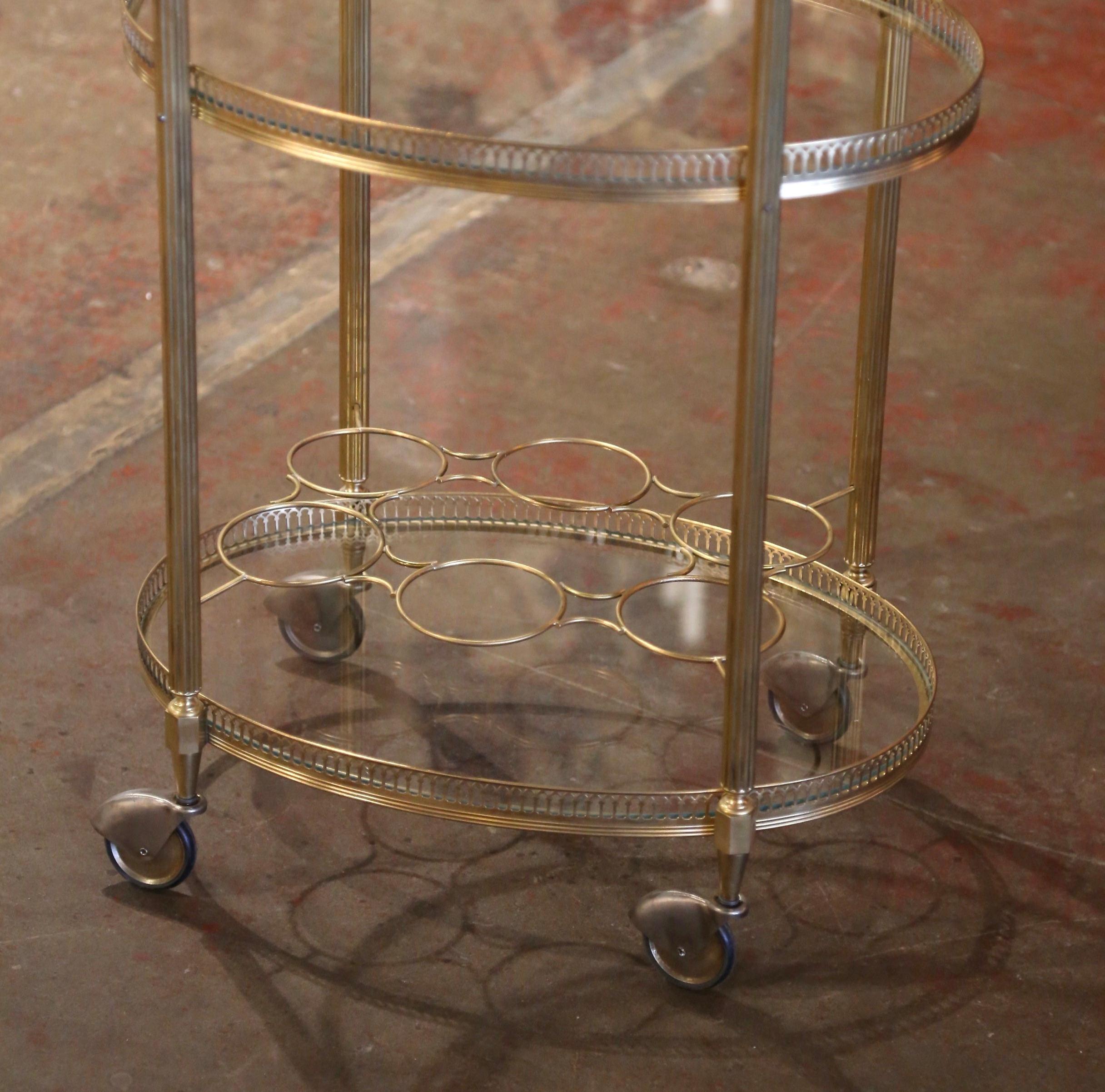 Mid-Century French Gilt Brass Oval Three-Tiered Trolley Bar Cart on Wheels In Excellent Condition In Dallas, TX