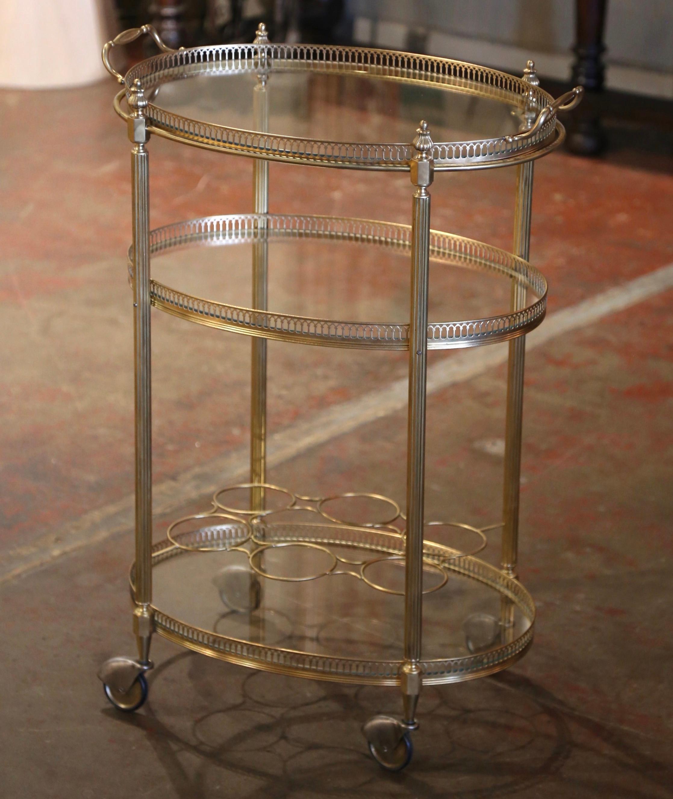 20th Century Mid-Century French Gilt Brass Oval Three-Tiered Trolley Bar Cart on Wheels