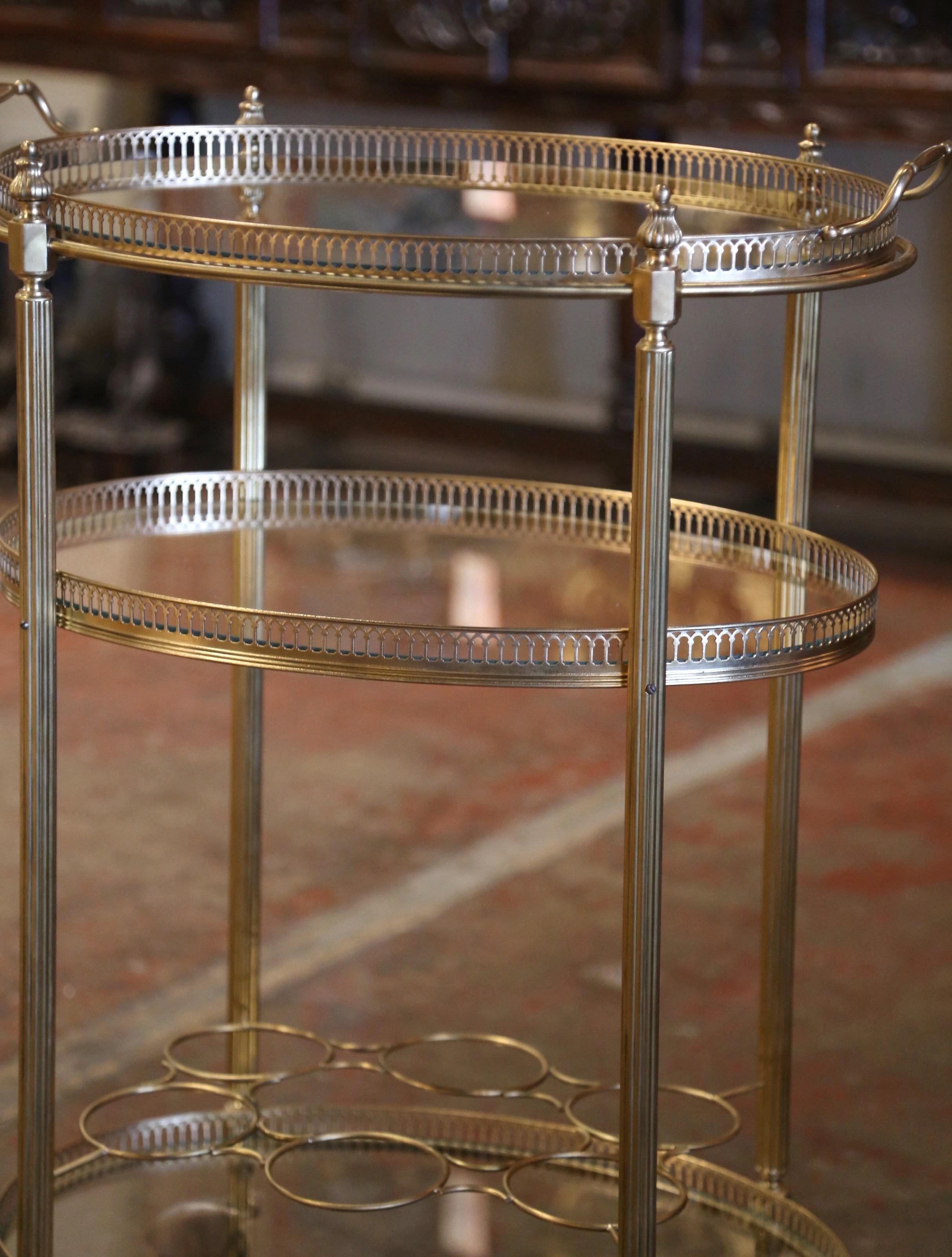 Mid-Century French Gilt Brass Oval Three-Tiered Trolley Bar Cart on Wheels 1