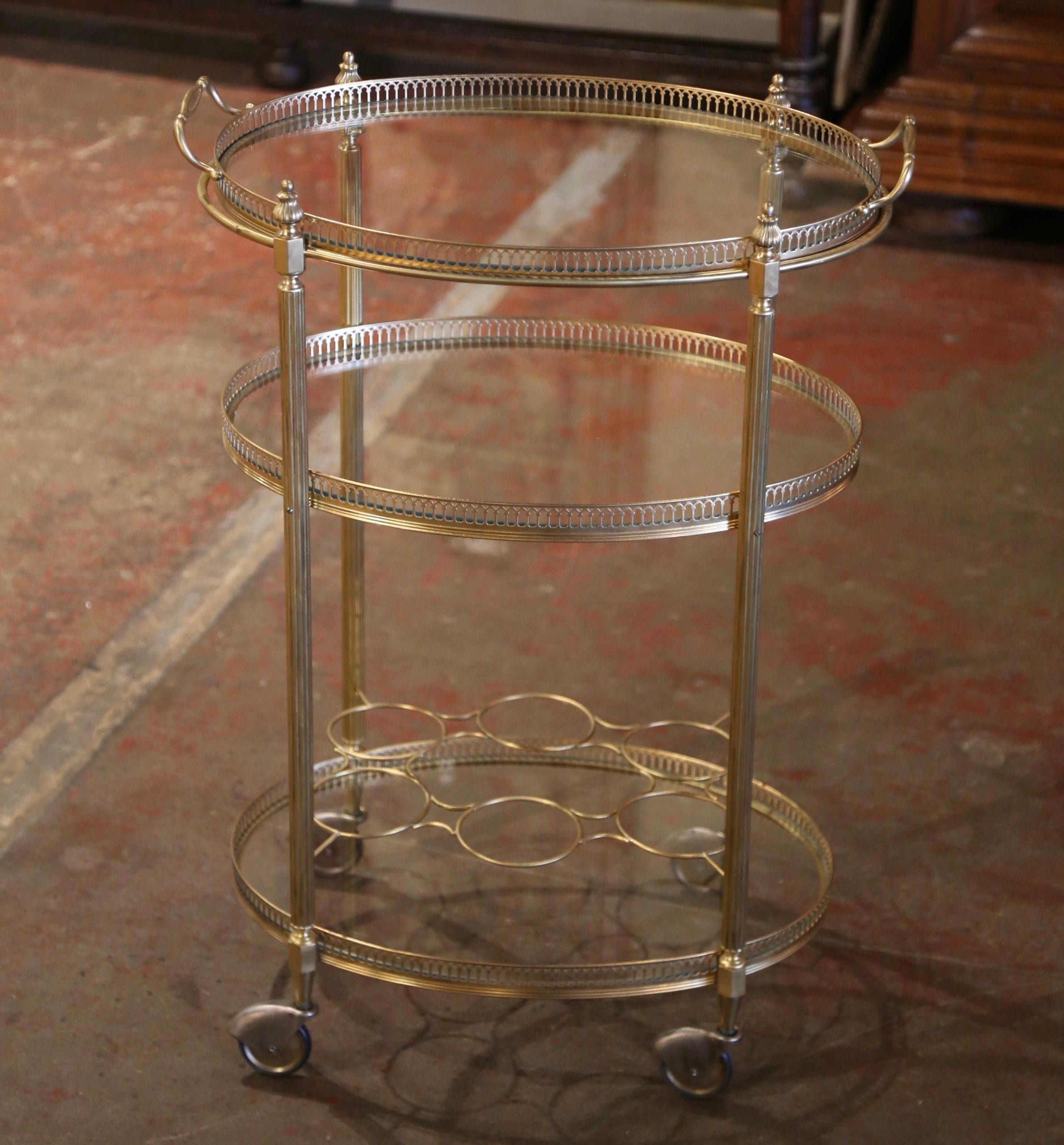 Mid-Century French Gilt Brass Oval Three-Tiered Trolley Bar Cart on Wheels 2