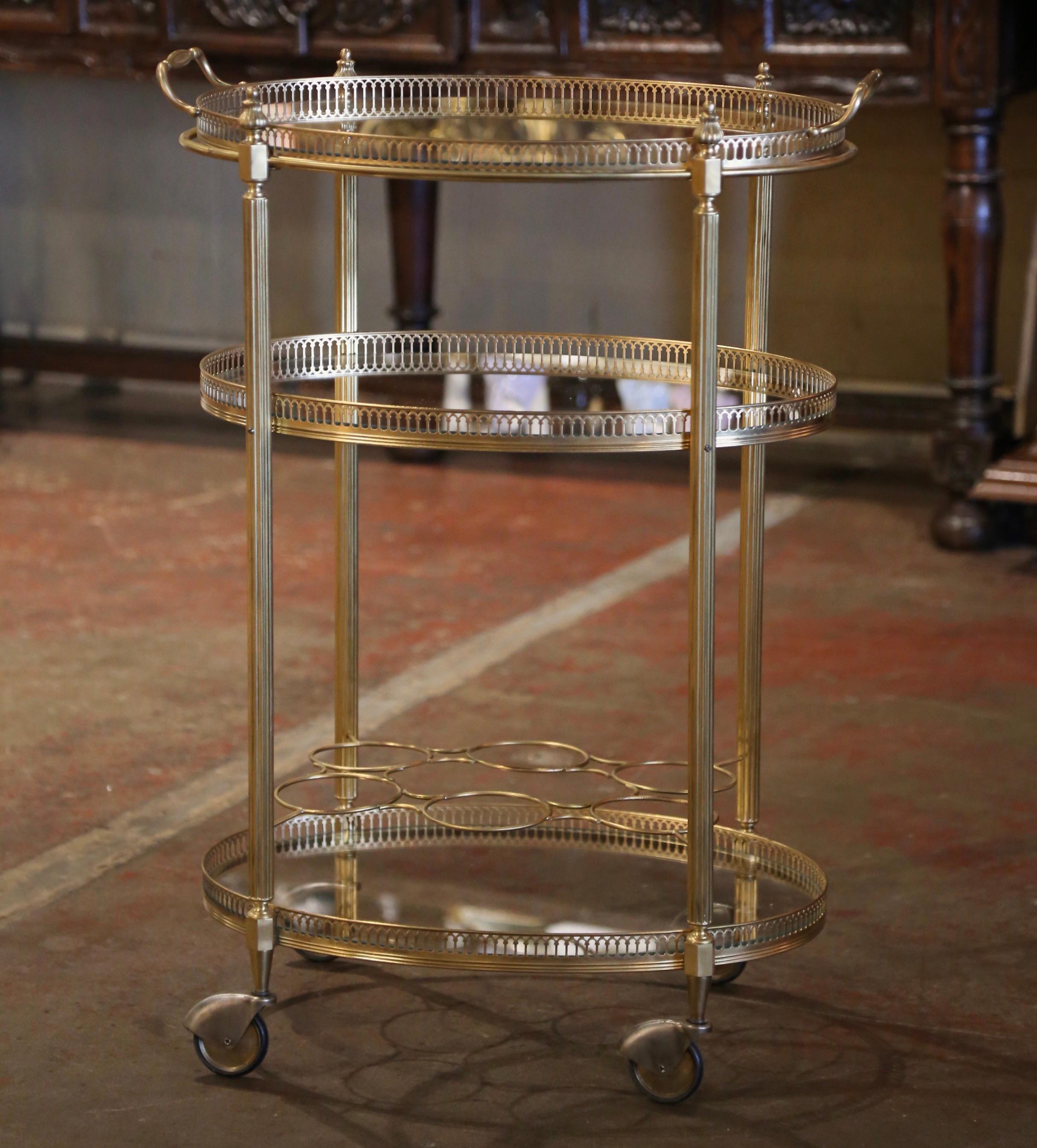 Mid-Century French Gilt Brass Oval Three-Tiered Trolley Bar Cart on Wheels 3