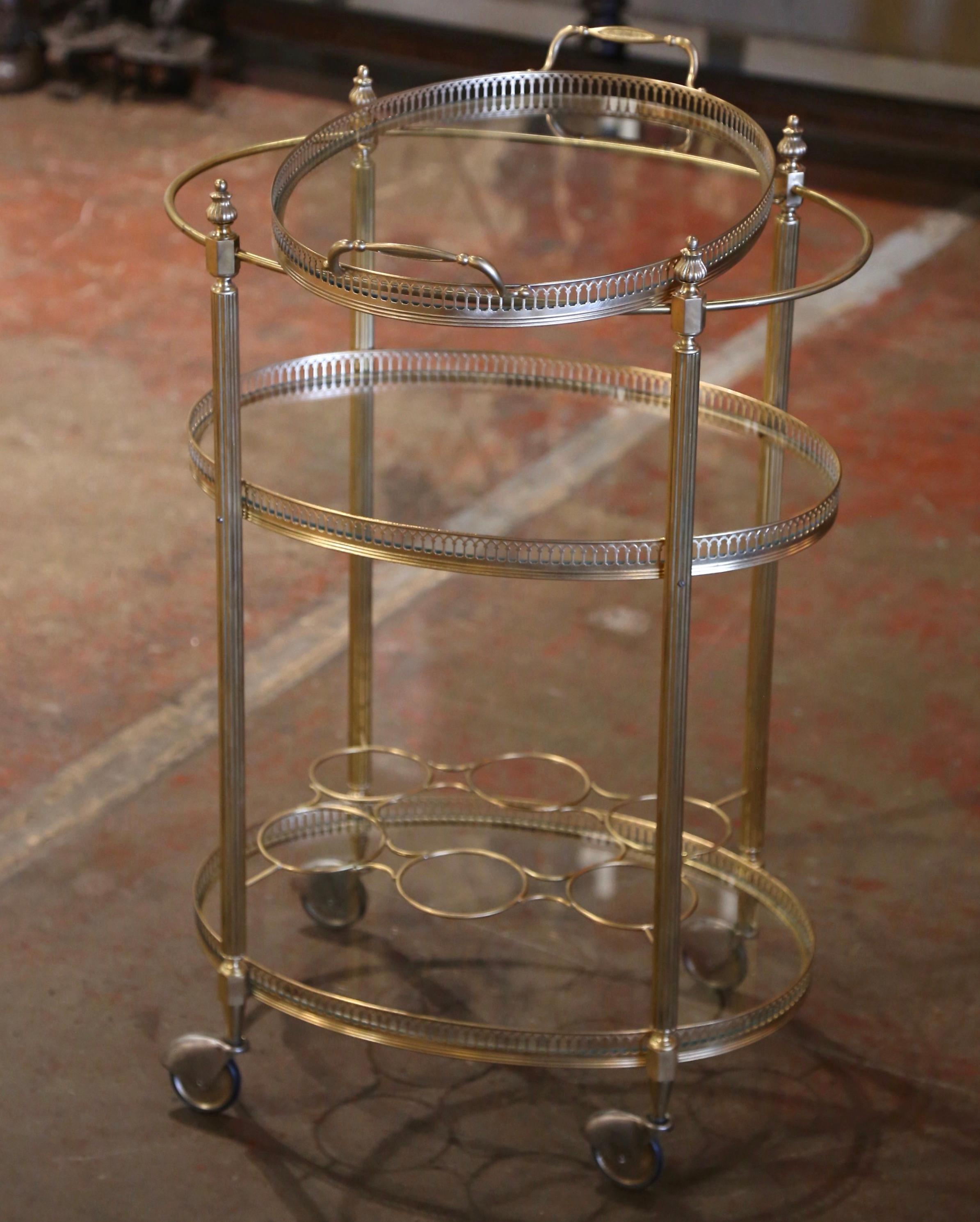 Mid-Century French Gilt Brass Oval Three-Tiered Trolley Bar Cart on Wheels 4