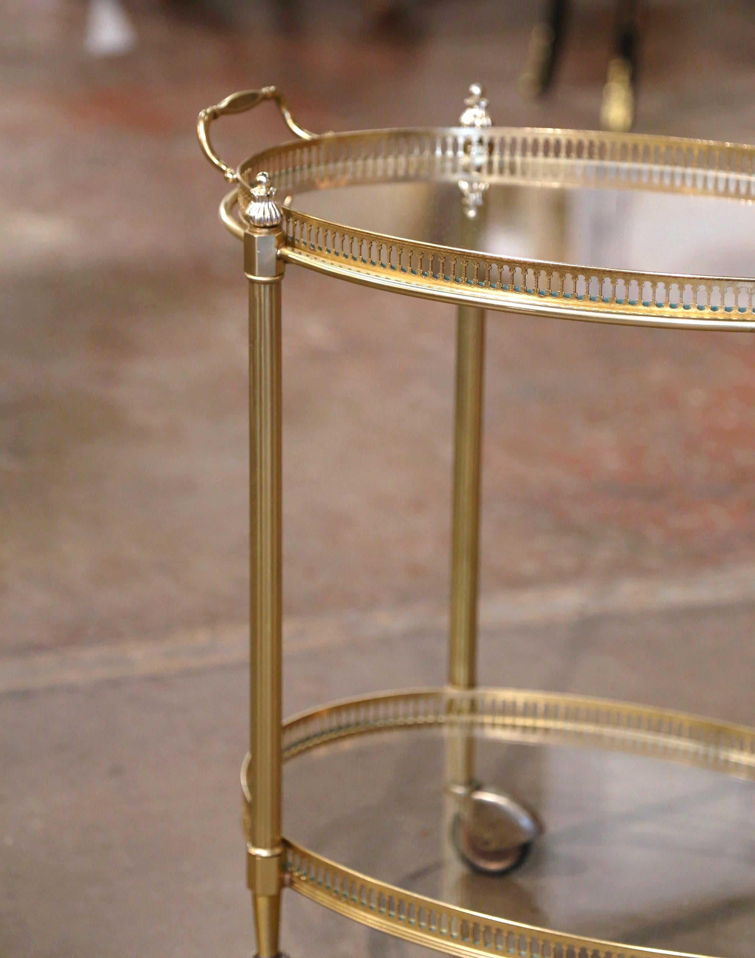 Art Deco Mid-Century French Gilt Brass Oval Two-Tier Service Trolley Bar Cart For Sale