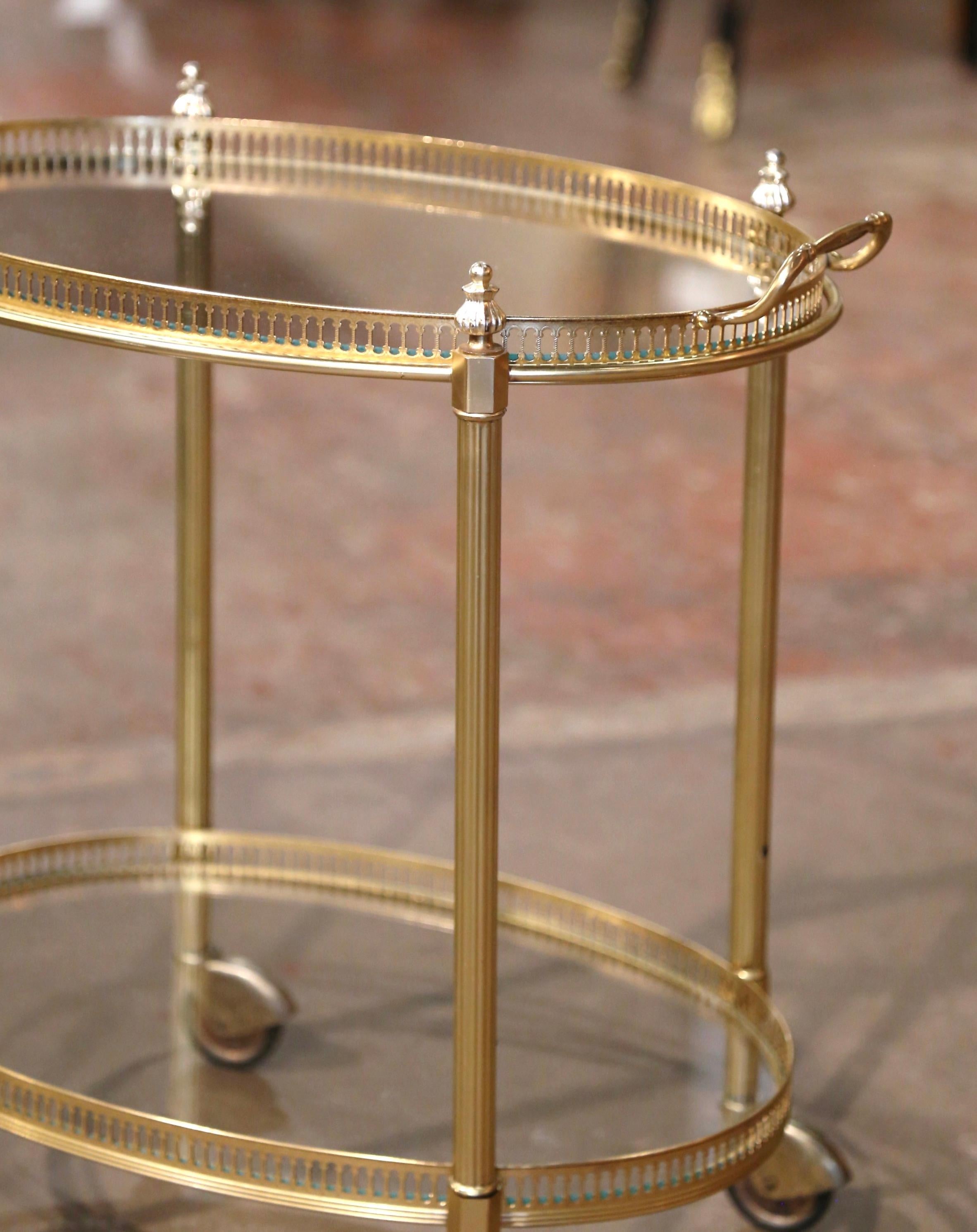 Mid-Century French Gilt Brass Oval Two-Tier Service Trolley Bar Cart In Excellent Condition For Sale In Dallas, TX