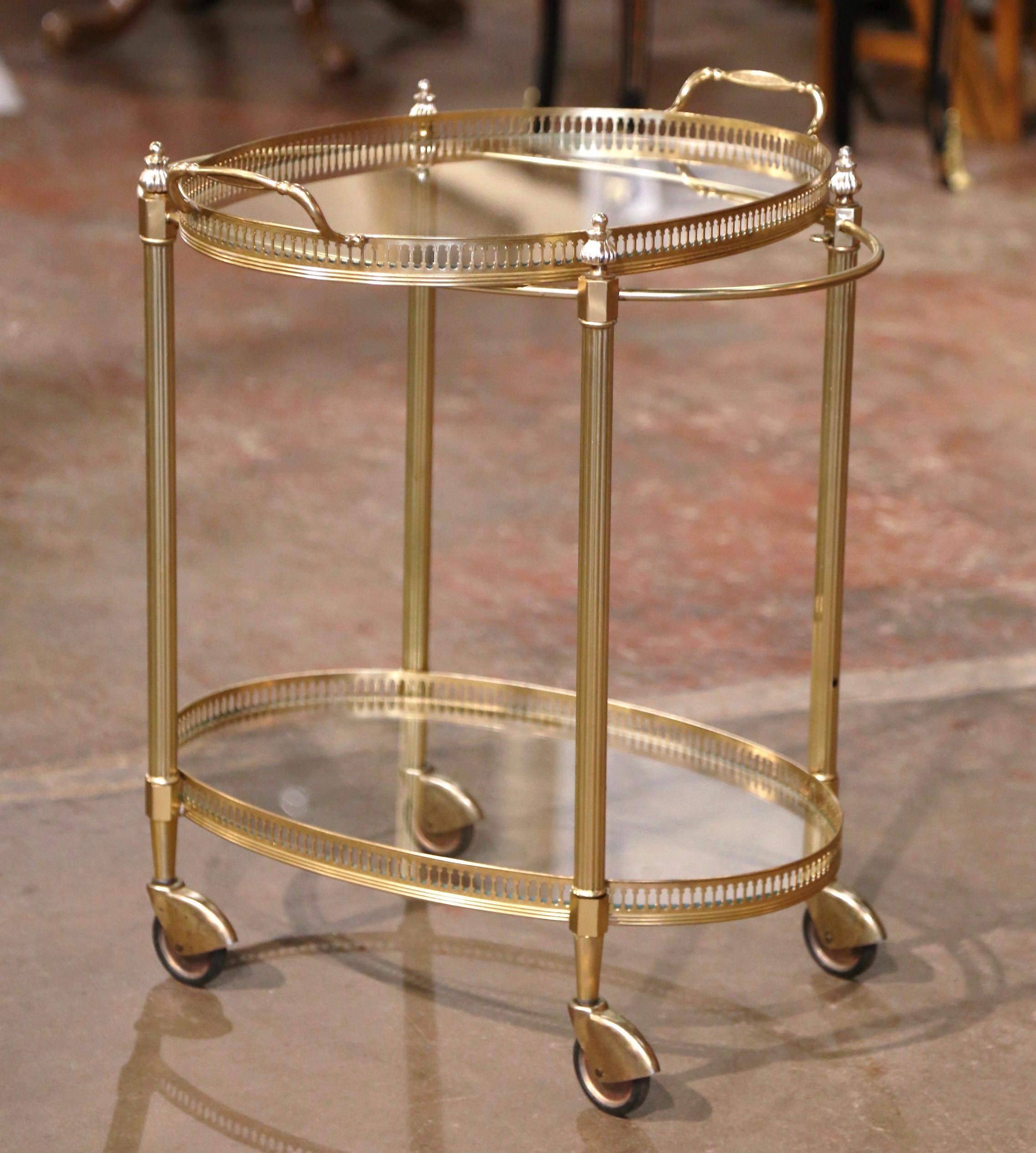 20th Century Mid-Century French Gilt Brass Oval Two-Tier Service Trolley Bar Cart For Sale