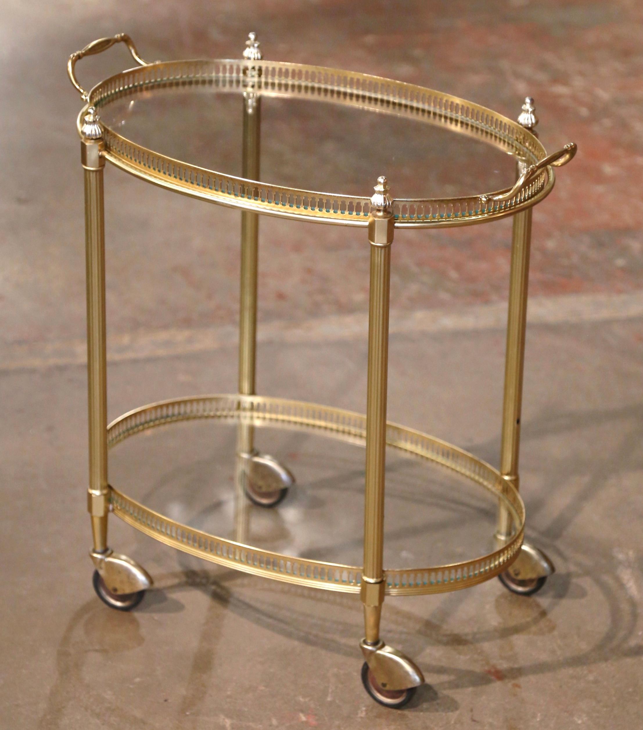 Mid-Century French Gilt Brass Oval Two-Tier Service Trolley Bar Cart For Sale 1