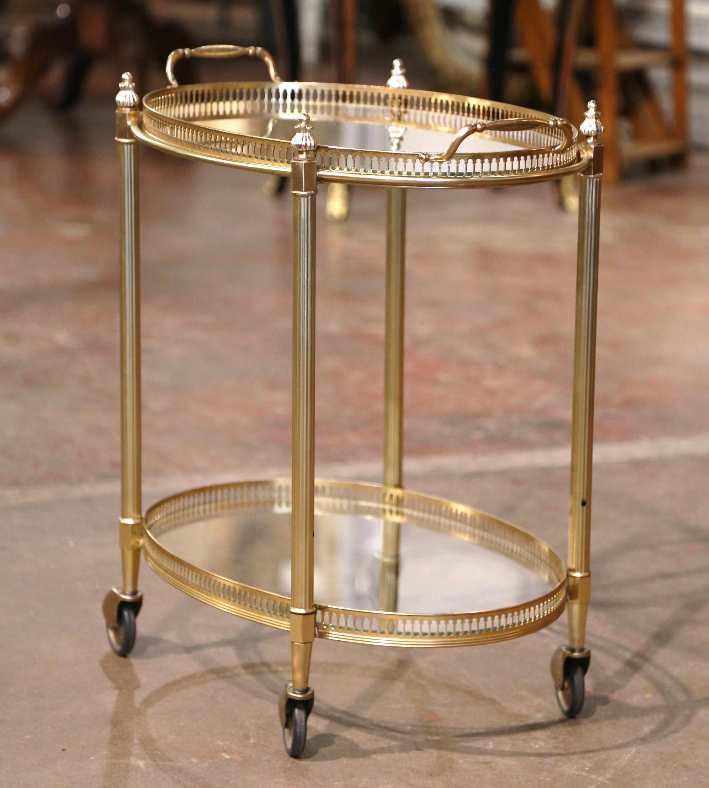 Mid-Century French Gilt Brass Oval Two-Tier Service Trolley Bar Cart For Sale 2