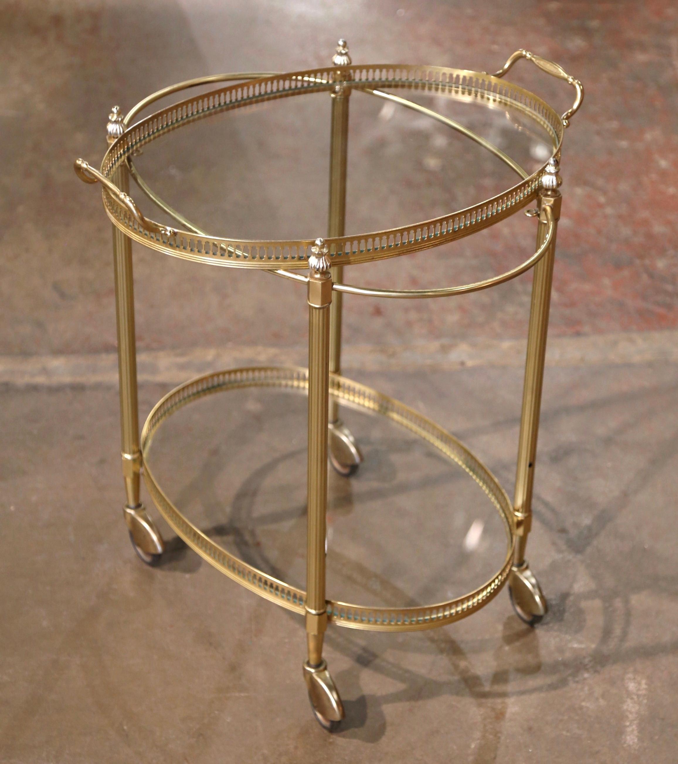 Mid-Century French Gilt Brass Oval Two-Tier Service Trolley Bar Cart For Sale 3