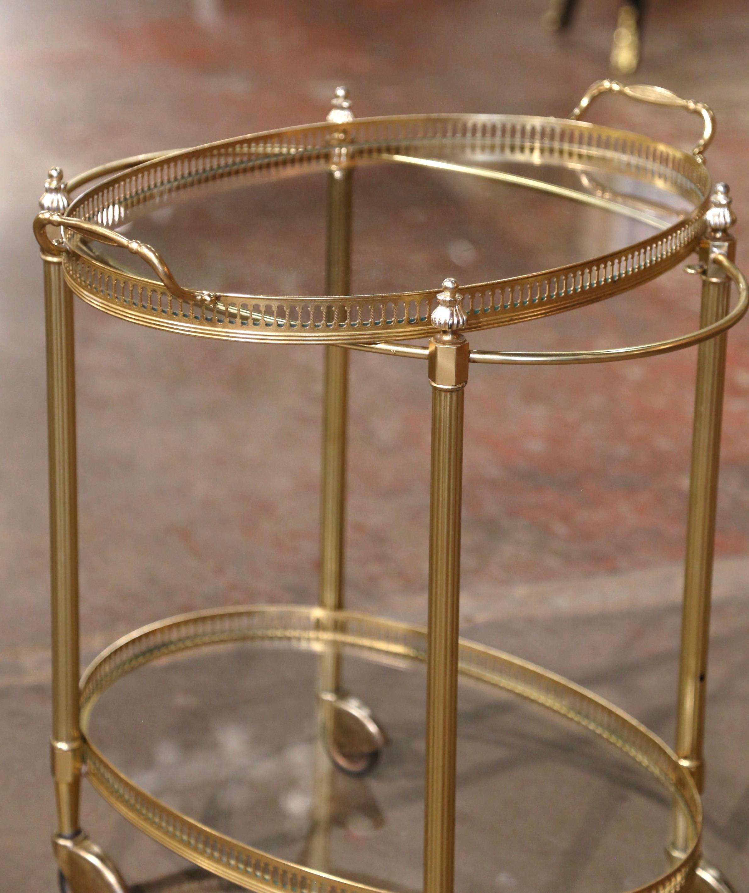 Mid-Century French Gilt Brass Oval Two-Tier Service Trolley Bar Cart For Sale 4