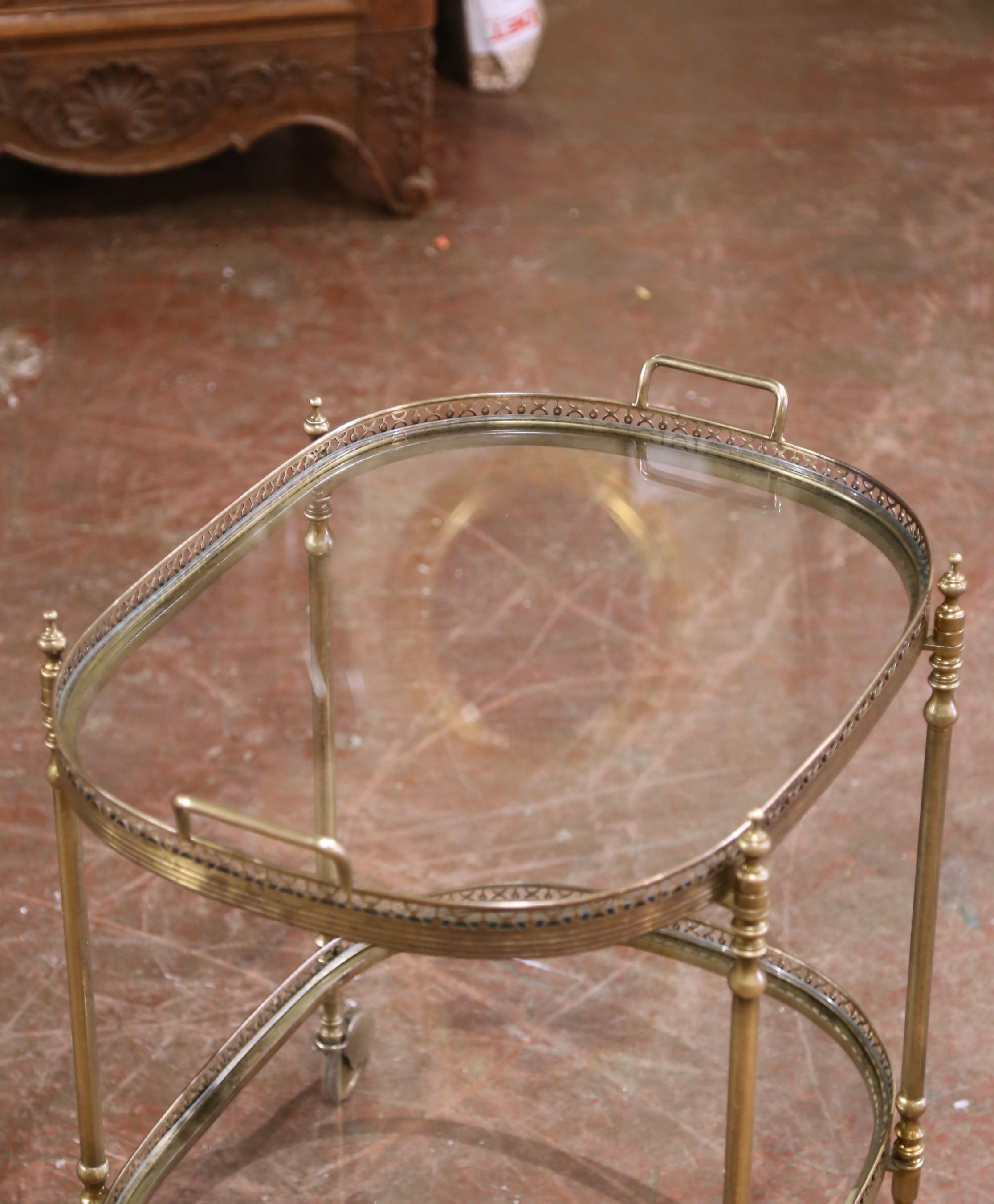 Art Deco Mid-Century French Gilt Brass Oval Two-Tier Service Trolley Bar Cart on Castors For Sale